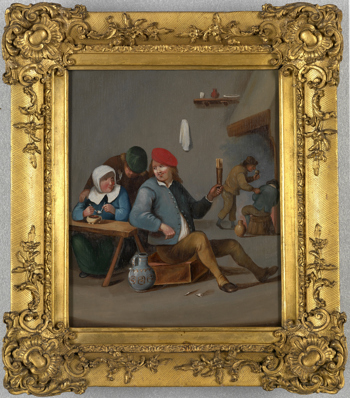 Painting of Tavern Scene entitled, 'A Man holding a Glass and an Old Woman lighting a Pipe', After David Teniers the Younger, Oil on Tin, Dutch, circa 1850-1880.