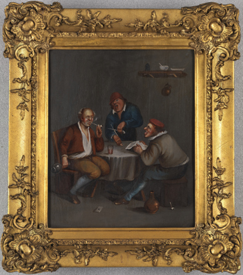 Painting of Tavern Scene entitled, 'A Man holding a Glass and an Old Woman lighting a Pipe', After David Teniers the Younger, Oil on Tin, Dutch, circa 1850-1880.
