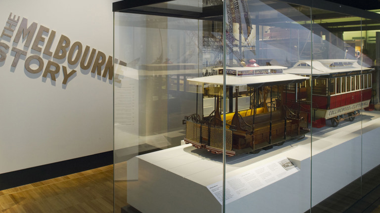 Model tram in an exhibition showcase