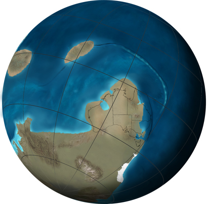 Orthographic or spherical map of global plate tectonic movement. Global paleogeographic reconstruction of the Earth