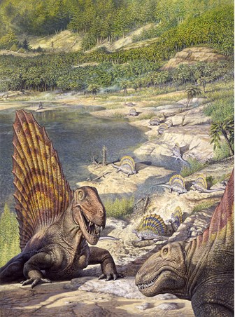 Illustration of Dimetrodon and Edaphosaurus in a Permian environment. Backdrop of water, trees and rocks