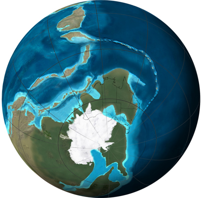 Orthographic or spherical map of global plate tectonic movement. Global paleogeographic reconstruction of the Earth