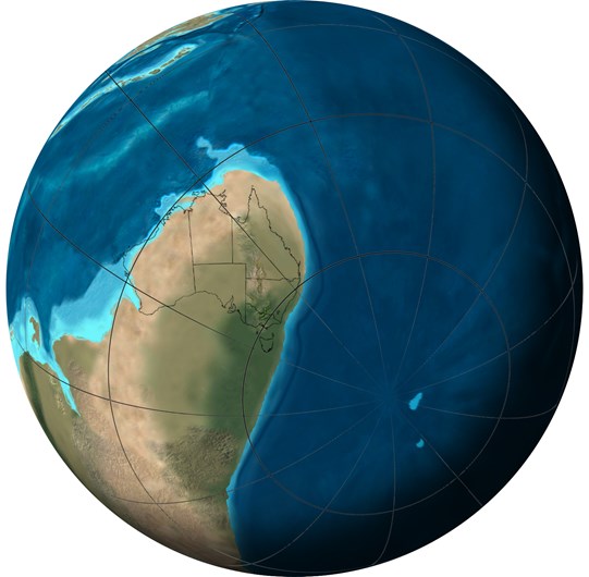 Orthographic or spherical map of global plate tectonic movement. Global paleogeographic reconstruction of the Earth