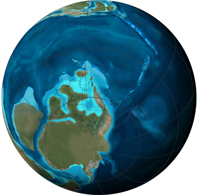 Orthographic or spherical map of global plate tectonic movement. Global paleogeographic reconstruction of the Earth
