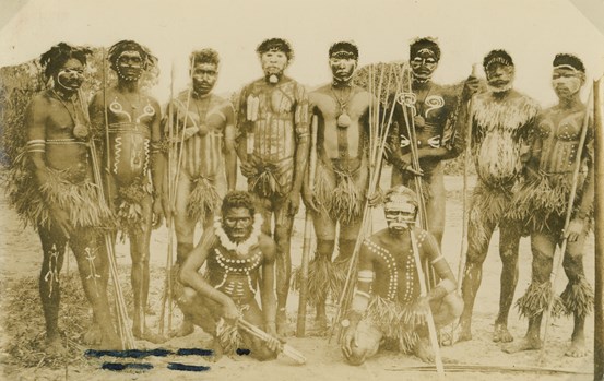 A group of Aboriginal men, dressed for a ceremony, circa 1910-1915