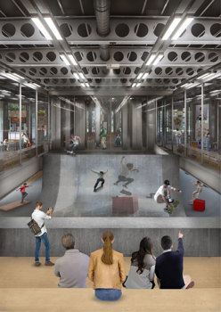 A futuristic museum with gallery spaces separated by a skateboard half-pipe, with skaters, spectators and museum visitors watching on. 