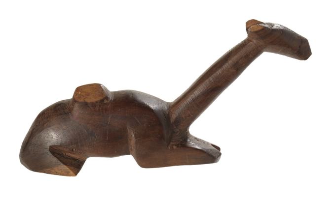 Carved wooden camel figure with long neck and stylised form