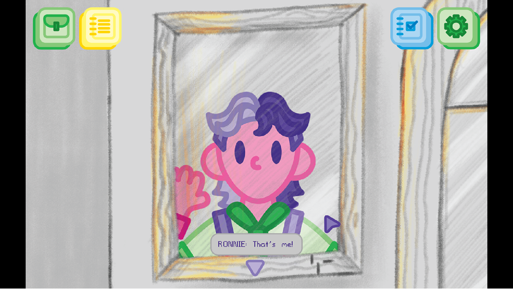 Stylised game scene shows a character with pink skin and two-toned purple hair looking into a mirror. A dialogue box reads, ""RONNIE: That's me!"""