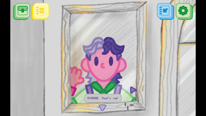 Stylised game scene shows a character with pink skin and two-toned purple hair looking into a mirror. A dialogue box reads, ""RONNIE: That's me!"""