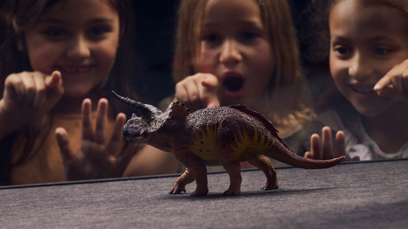 Three girls looking at a model triceratops in awe