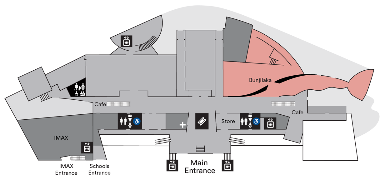 Map of Melbourne Museum, highlighting the Bunjilaka Aboriginal Cultural Centre.