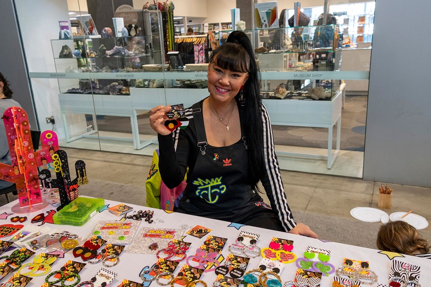 'Haus of Dizzy' jewellery stall at the NAIDOC Week Family Day held at Melbourne Museum, with creator Kristy Dickinson. 
