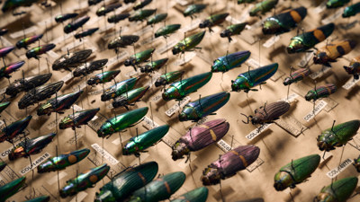 A museum display of many differently coloured beetles 