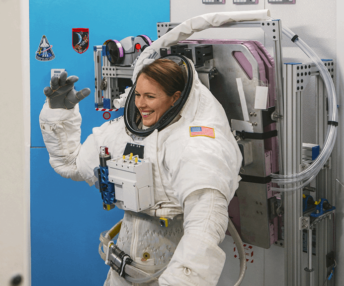 Katherine Bennell-Pegg in a space suit.