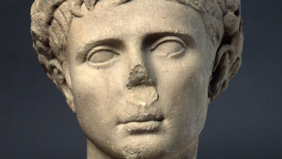 Carved stone head of Emperor Augustus.