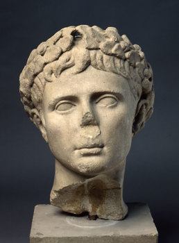 Carved stone head of Emperor Augustus.
