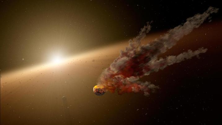 This artist concept shows the immediate aftermath of a large asteroid impact around NGC 2547-ID8, a 35-million-year-old sun-like star thought to be forming rocky planets.