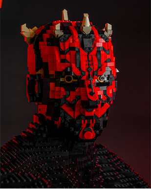 The head of the Sith Lord Darth Maul created out of LEGO for LEGO® Star Wars: The Exhibition at Melbourne Museum.