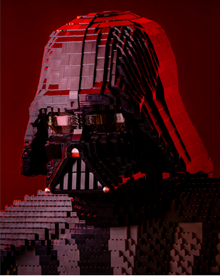 The head of the Sith Lord Darth Vader created out of LEGO for LEGO® Star Wars: The Exhibition at Melbourne Museum.