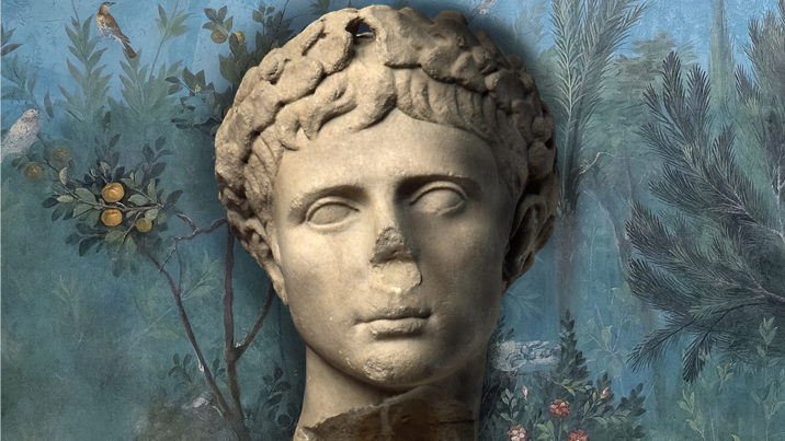 Carved stone head of Emperor Augustus.