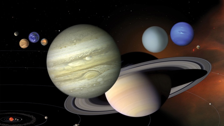 A artful impression that squeezes the planets together with their approximate relative sizes (above), and an indication of their orbits although not to true scale (below). Image: NASA/JPL