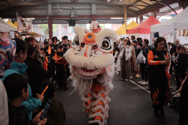 Traditional dragon puppet surrounded by a crowd. 