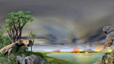 An image from Our Living Climate showing a representation of life during a mass extinction event.