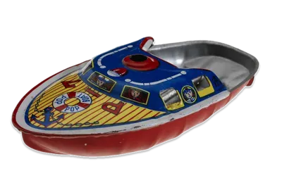 Tin toy Speedboat Boat painted red, yellow and blue