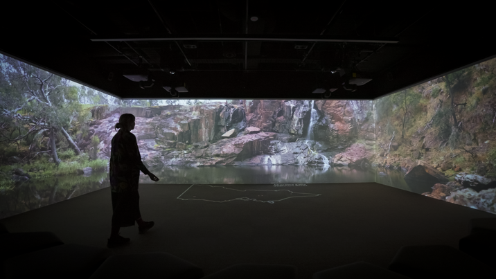 Scene from Victoria's Living Tapestry in the Learning Lab at Melbourne Museum depicting a close up of a river in the rainforest.