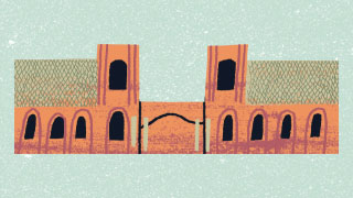 An illustration of the Spotswood Pumping Station, which is a rather symmetrical brick building with four arched windows and two taller turrets on either side, and a classic old tiled roof.