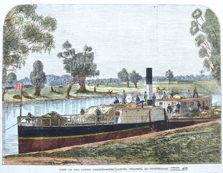 A coloured engraving of the paddle steamer Albury, moored at dock along the Murray River. 