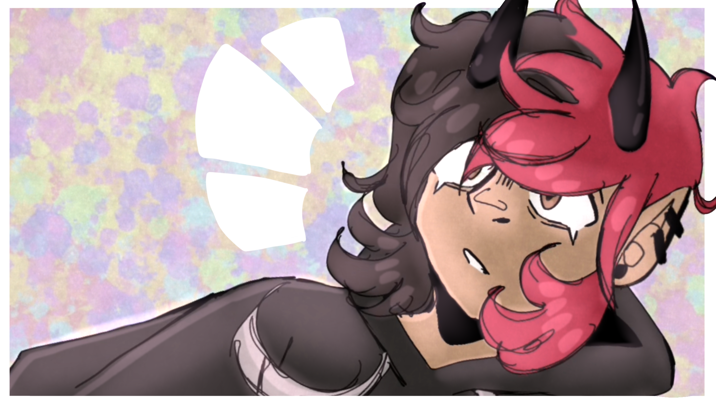 Anime-style illustration of a person with devil's horns emerging from their two-toned brown and pink hair.