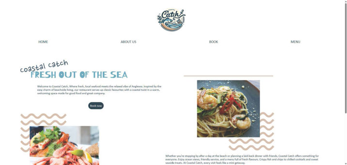 Website homepage featuring a nautical logo with waves and fish imagery, a navigation menu, and photos of seafood meals.