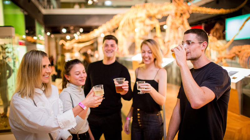 people cheering with drinks in the Dinosaur Walk.