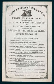 An invitation from 1858 to a dinner commemorating the laying of the Atlantic cable, to be held at the Metropolitan Hotel.
