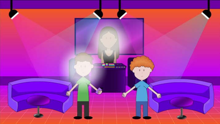 Illustrated night club scene with two people standing in front of DJ decks.