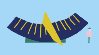  An illustration of the Scienceworks sundial with a person next to it for scale. The person comes halfway to the height of the sundial. It’s a semi-circular shape with a deep blue main body and contrasting yellow lines for the hour marks and the dial line.