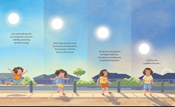 Lily gambols along a footpath in 4 images that illustrate time's passage across summer by showing the sun progressively lower in the increasingly darkening sky. The book reads: Lily loved walking with her family, but as the summer rolled by, something started to change. Each week, as they arrived back home, Lily noticed the Sun had sunk a little bit closer to the horizon. The sky was changing too. No longer bring blue, the colour was fading away. It was becoming darker. And that was a problem, because...