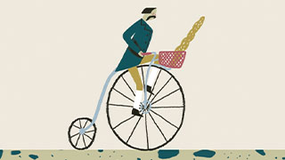An illustration of an old-timey man with a moustache riding the Basset & Co penny-farthing or high wheel bicycle with a baguette in its basket.