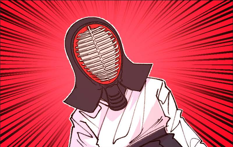 Stylised illustration of a person wearing kendo armour with a red and white protective face mask and a white uniform, against a red background with dynamic lines.