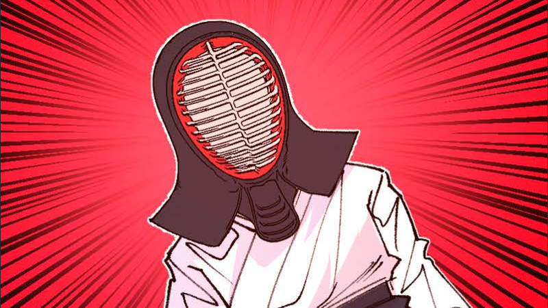 Stylised illustration of a person wearing kendo armour with a red and white protective face mask and a white uniform, against a red background with dynamic lines.