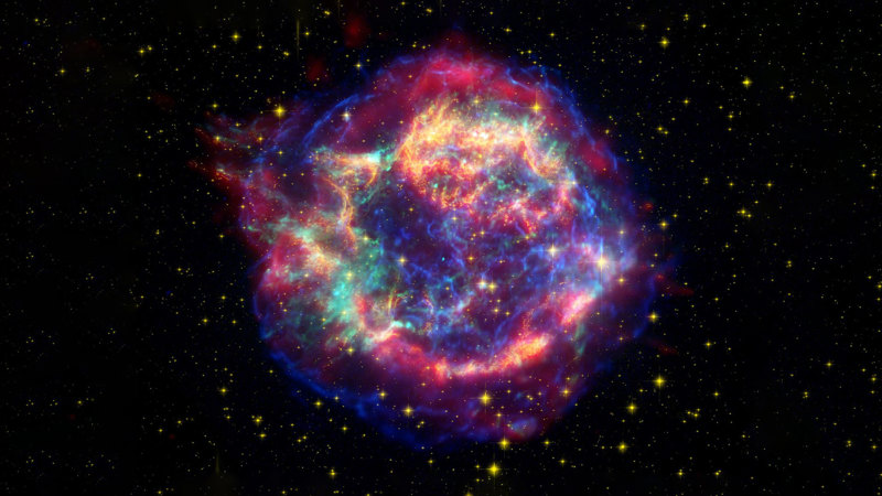 This false-color image from three of NASA Great Observatories provides one example of a star that died in a fiery supernova blast. Called Cassiopeia A, this supernova remnant is located 10,000 light-years away in the constellation Cassiopeia .