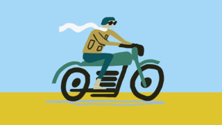 An illustration of a person wearing sunglasses, a cool leather motorcycle jacket, a helmet and a scarf riding the Thunderbird motorcycle, manufactured by Triumph. The person’s scarf is whipping in the wind behind them as they ride off fast into the distance.