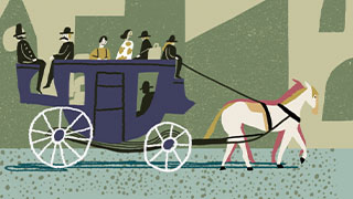 An illustration of 6 passengers and a driver in old-timey Melbourne in the late 1800s being pulled along by horses on the Cobb & Co ‘Royal Mail’ Passenger and Mail Coach.