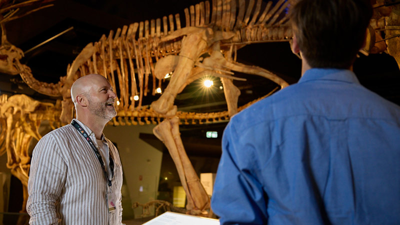 A man on tour of Dinosaur Walk exhibition at Melbourne Museum.