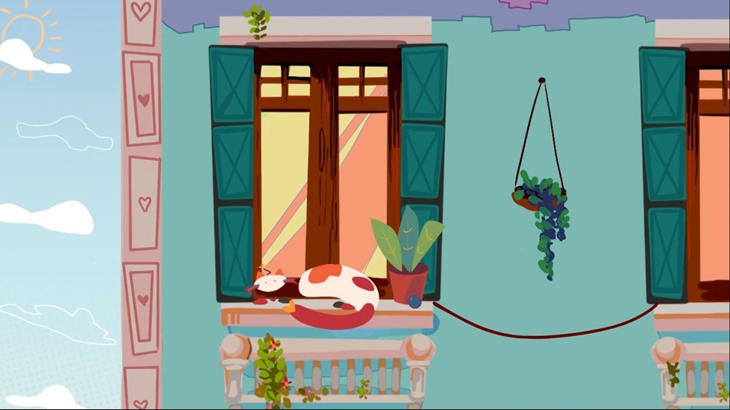 Illustration of a cat sleeping on a windowsill next to a potted plant.