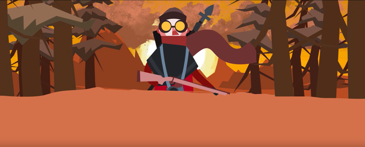 Animation still of a stylised character wearing yellow goggles and a camera on a neck strap, holding a rifle while walking between angular trees, against an orange sky.