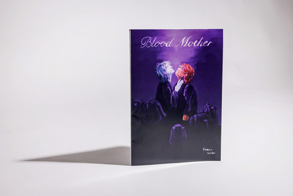 Book cover featuring two people in dark robes looking upward against a purple sky, surrounded by shadowy forms.
