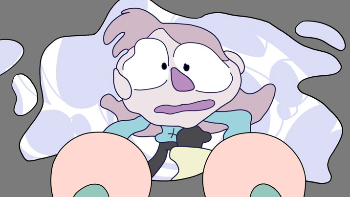 Animated person peering into a puddle and looking at their reflection distorted by the water.