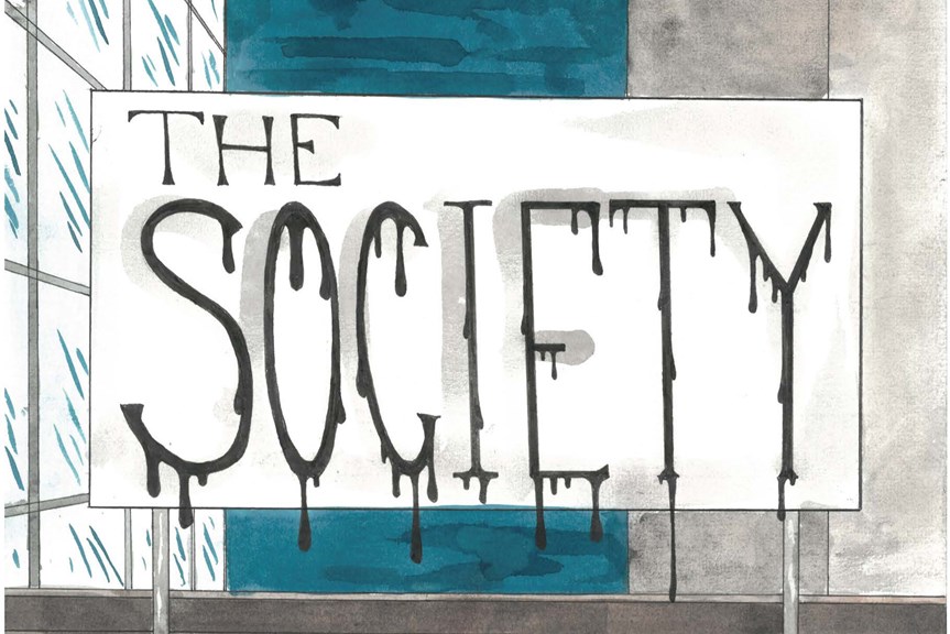 Hand drawn text reading 'The Society'. Typography has a dripping effect.